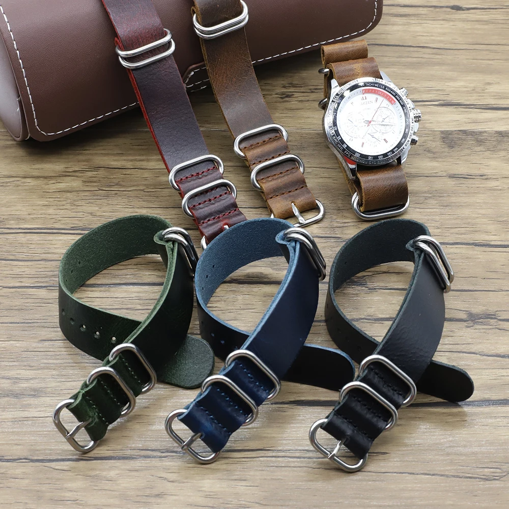 

Leather Nato Strap 20mm 22mm 24mm Zulu Strap Vintage First Layer Cow Leather Watch Band With Five Rings Buckle, As picture