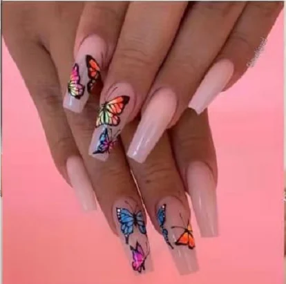 

Best price OEM artificial nails manufacture laser spray press on nail beautiful design coffin nail, White +purple