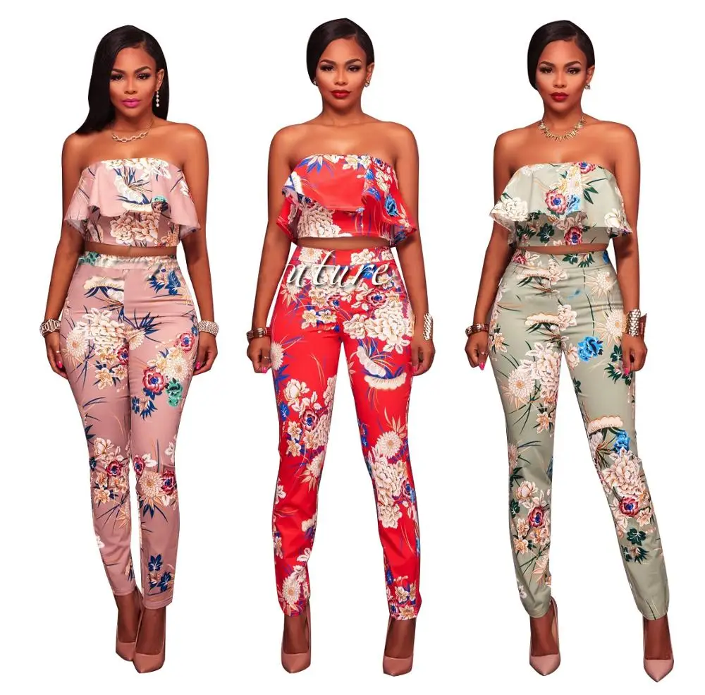

Wholesale Autumn Spring Ladies Print Off The Shoulder ruffled collar Sexy 2 piece set women clothing