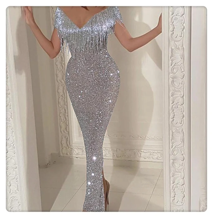 

Luxury Silver Vestidos Para Mujeres Sexy Bodycon Prom Dresses Party Maxi Sequin Evening Dress