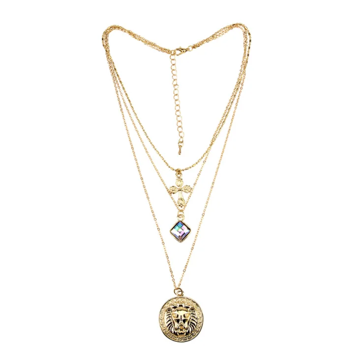 

2020 Trend Newest Necklace Style Layered Metal Chain Cross and Lion Head Casting Pendant Necklace