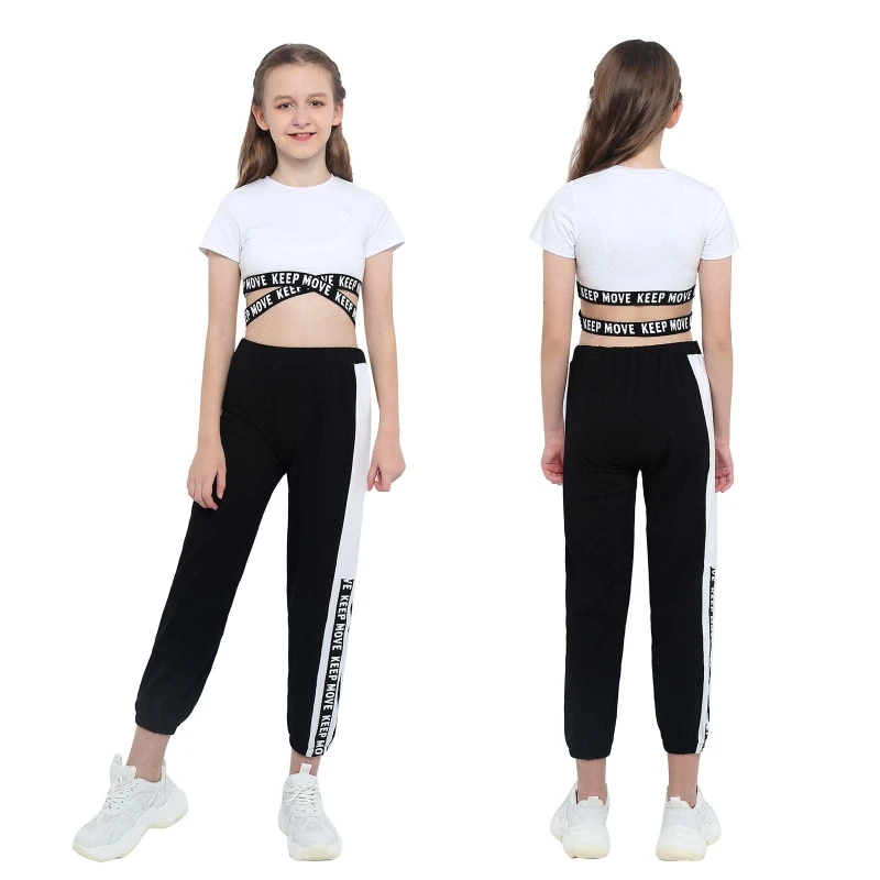 

Low Price Two Piece Tracksuit Kids Girls Short Crop Top Letters Print Pants Trousers For Soprt Gymnastics Dance