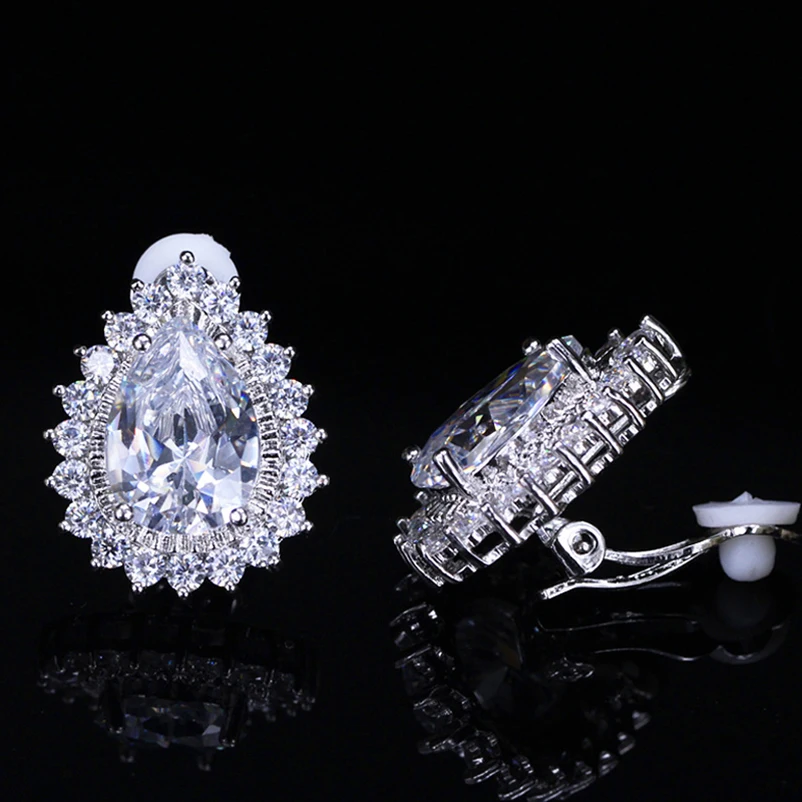 Shiny White Pear Cut Cubic Zircon Studded Clip on No Hole No Pieced Earrings for Women Wedding Dress Accessories