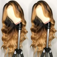 

Free shipping Brazilian Remy Hair Lace Front Wig Wavy 3t Ombre Blonde Highlights Color Middle Part Pre Plucked Bleach knots