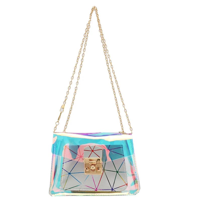 

Clear PVC Laser Sling Shoulder Bag Fashion Rhombic Pattern Chain Crossbody Bag Hot Sale INS Style Girls Laser Jelly Hand Bag