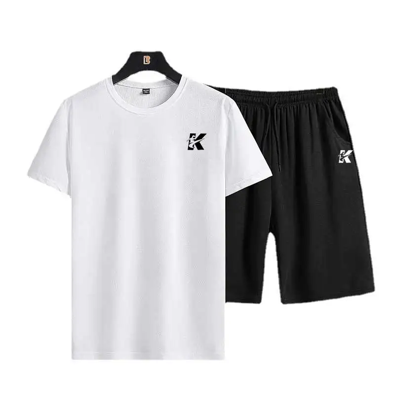 

Custom brand men casual sports suit sports jogger plus size round neck t-shirt shorts 2-piece cycling suit S-4XL