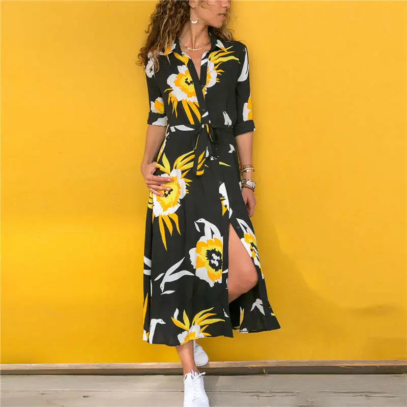 

Aachoae Zomer Turn Down Kraag Jurk Dames Lange Jurk Vrouwen Bloemenprint Boho Jurk Lange Mouwen Casual Jurken Vestidos, As pictures