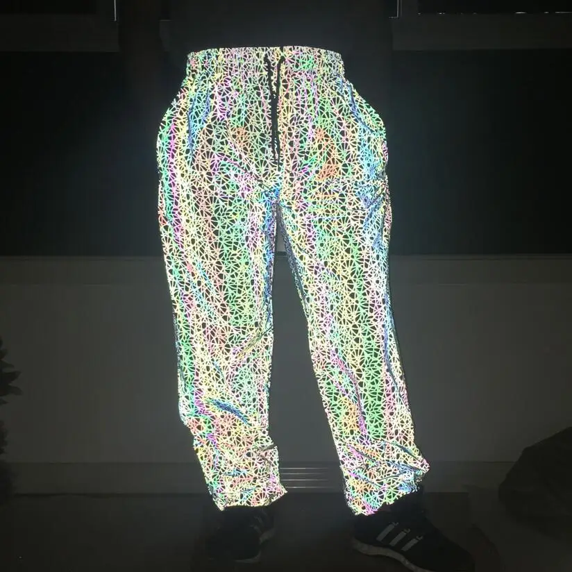 Mens Night Reflective High Visibility Baggy Hip-hop Pants With Drawstring Streetwear Noctilucent Glowing Track Jogger Pants