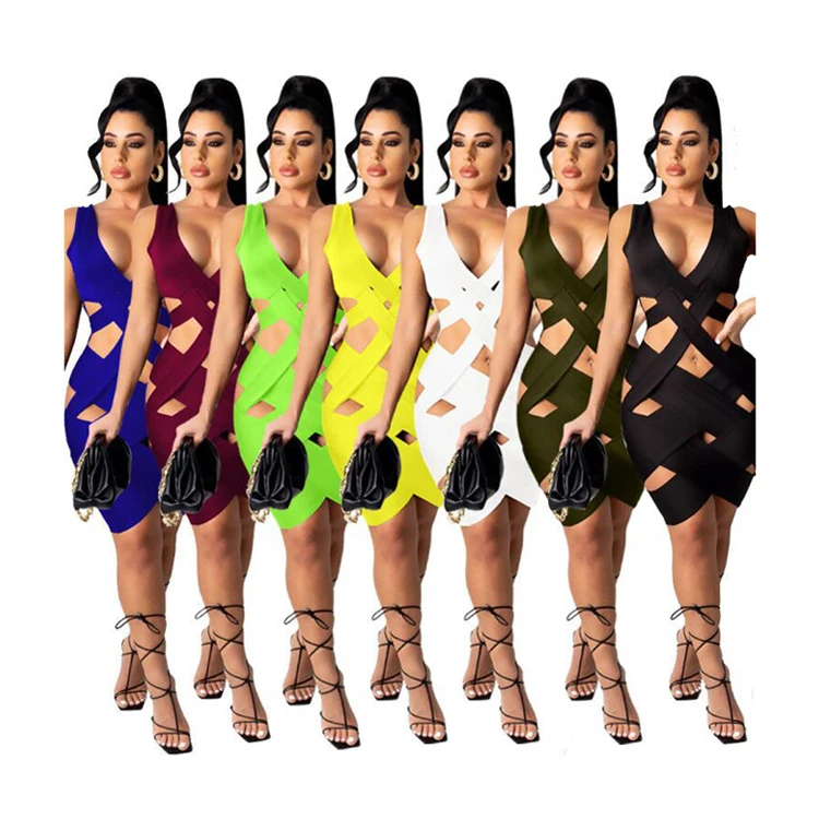 

EB-20030822 New products 2021 unique Women's slim v-neck sexy woven hollow-out short summer dress plus size dress