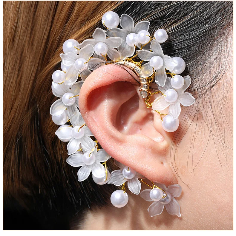 

Romantic Sweet Pearl Ear Clip Earrings Trend White Flower No Ear Piercing Pearl Ear Cuff Earrings Wedding Party Bridal Jewelry