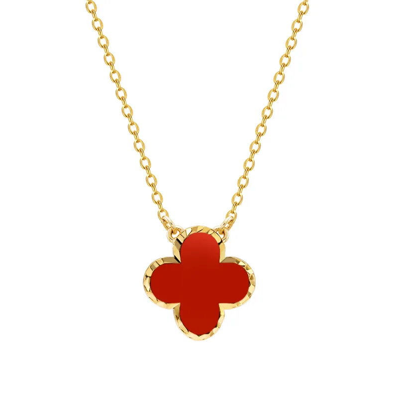 

Jewelry Necklace Sterling Silver 925 Red Turquoise Black Agate White Shell Four-Leaf Clover Necklaces For Gift, 3 color to choose