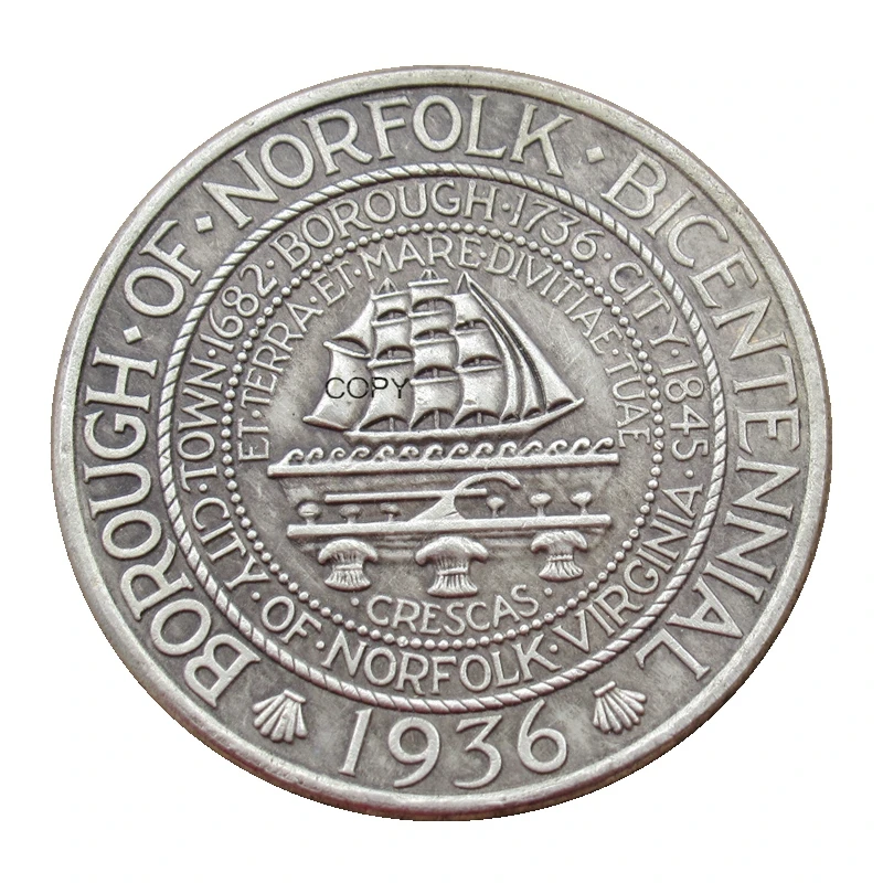 

US 1936 Norfolk Commemorative Half Dollar Silver Plated Reproduction Decorative Coins