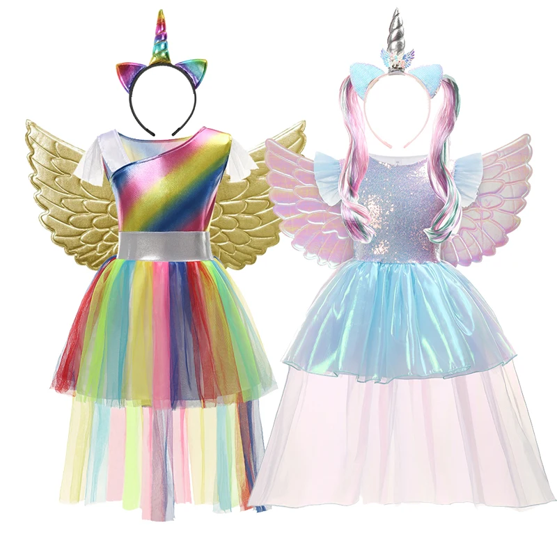 

New Girl Unicorn Dress Kids Halloween Birthday Party Cosplay Rainbow Sequins Costume Dress Children Clothing Unicorn Style, Picture color
