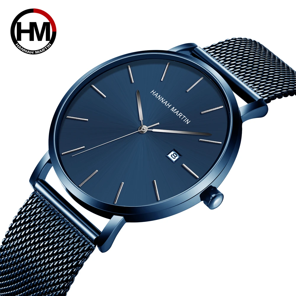 

Hannah martin 151 fashion blue man quartz watch weird Mesh band water proof date display Minimalist Casual reloj watch