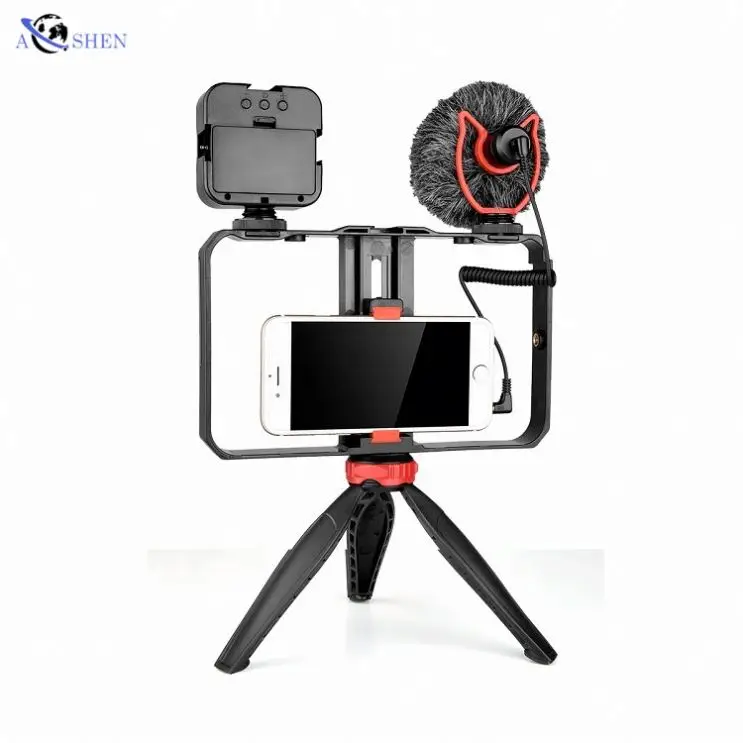 

In Stock Professional Video Equipment With Microphone LED Video Light Vlogging hand Stabilizer Kit Smartphone Youtube, Black+red