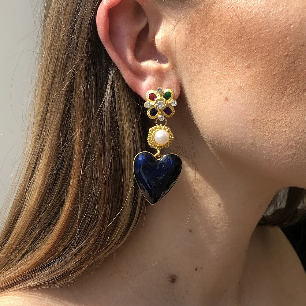 

Ding yi Baroque fashion earrings female temperament love diamond imitation pearl earrings, Blue