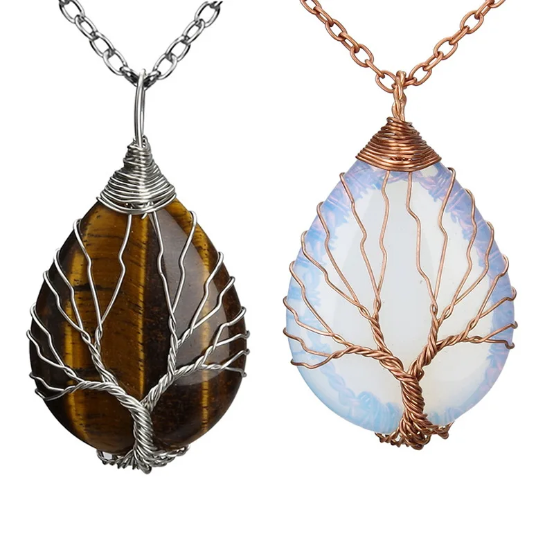 

Wire Wrapped Copper Tree of Life Chakra Pendants for Women Vintage Teardrop Natural Gemstone Healing Crystal Stone Necklace, Gold, silver