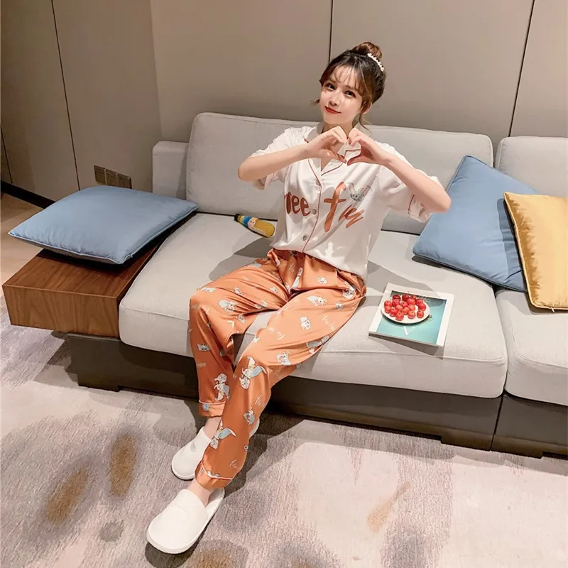 

Dumbo the Flying Elephant printing 2 piece pajamas women silk Lovely Cartoon pajamas short sleeve korean, Customized color