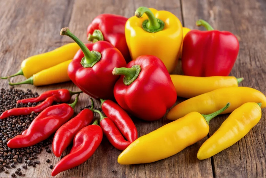Colorful arrangement of various pepper types including black peppercorns, red chili peppers, yellow bell peppers, and ghost peppers on wooden background