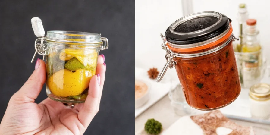 Neatly labeled pickle jars with colorful labels
