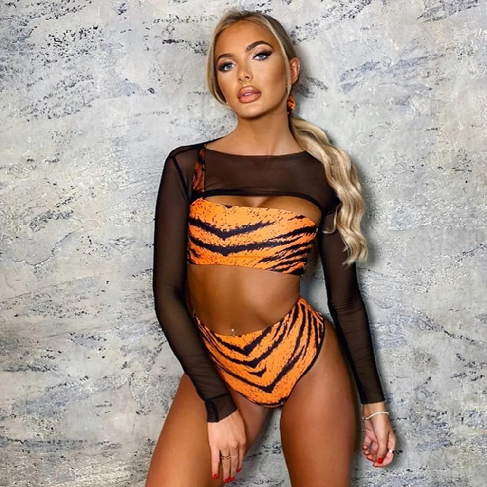 

Trendy Mesh Long Sleeve Swimsuit Three Pieces Irregular One Shoulder Tiger Bathing Suits Women Bikini Swimwear Beachwear