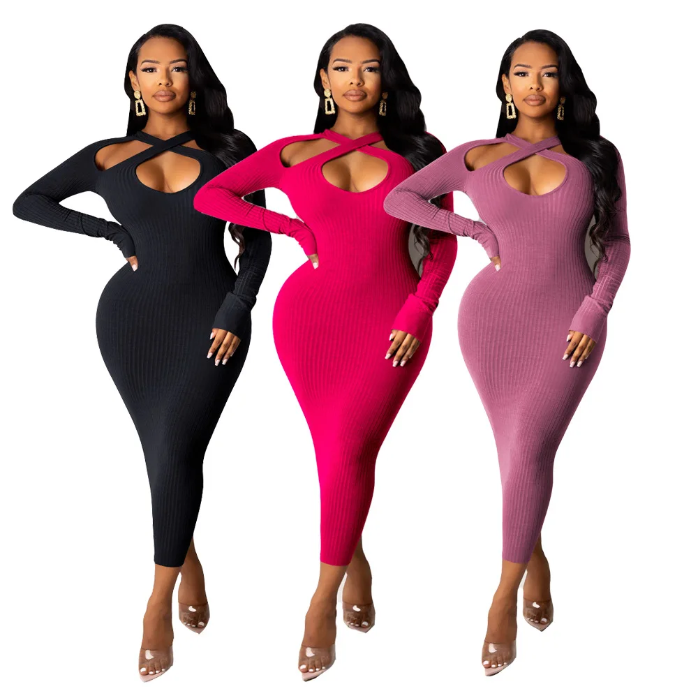 

XLL Fall long sleeve clothing lady solid knit ribbed dress hollow out womens sweater dress sexy dresses women bodycon, Picture