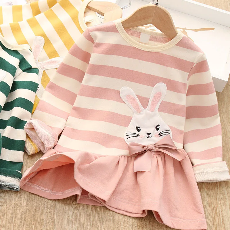 

Girls Dress Korean Striped Long Sleeve Cartoon Bunny Bow Ruffled Skirt, Pink/yellow/green