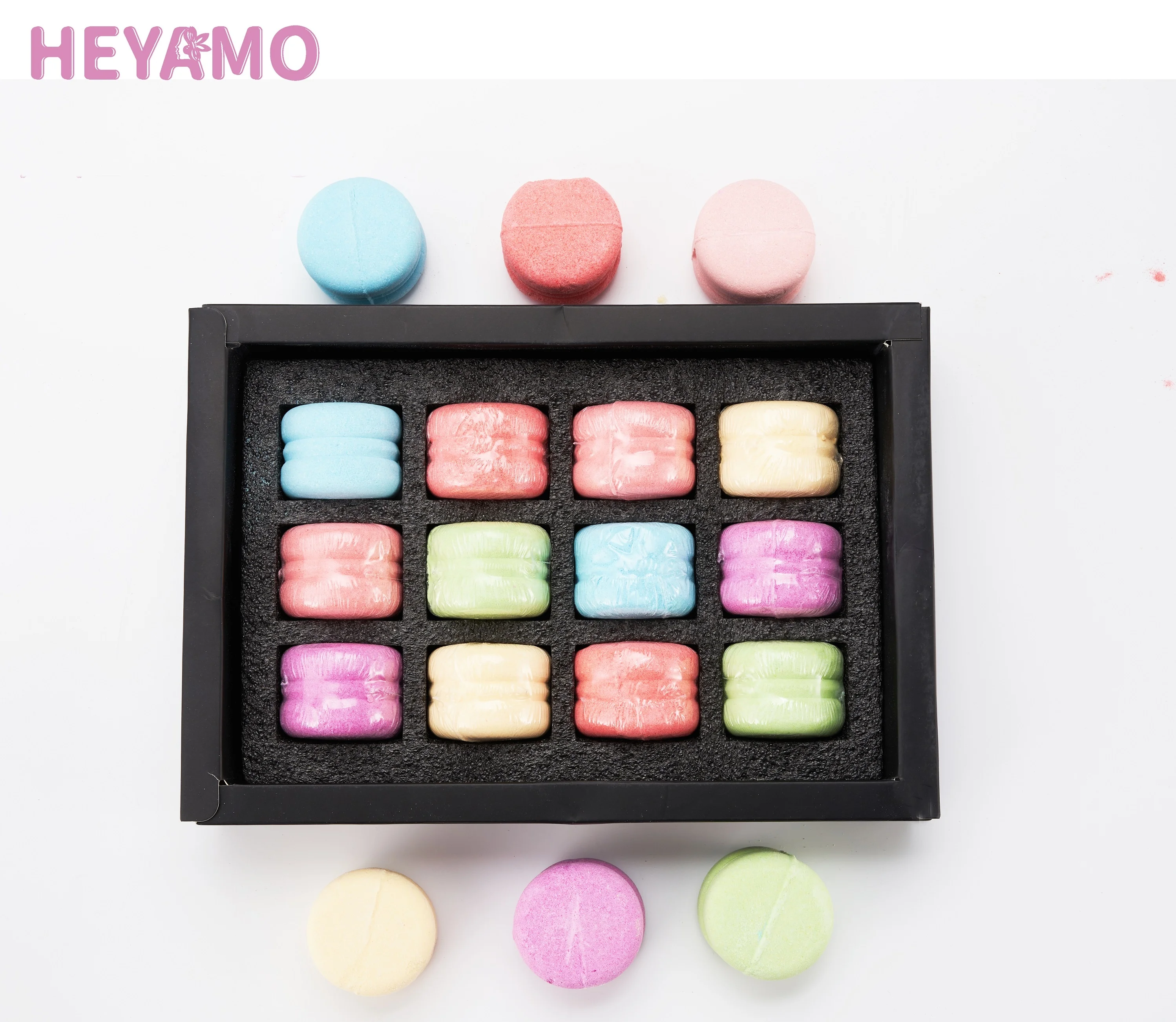 

HEYAMO 12PCS Macaron Bathbombs essential oil labels salt bath fizzies spa gifts custom bath bomb packaging box gift sets