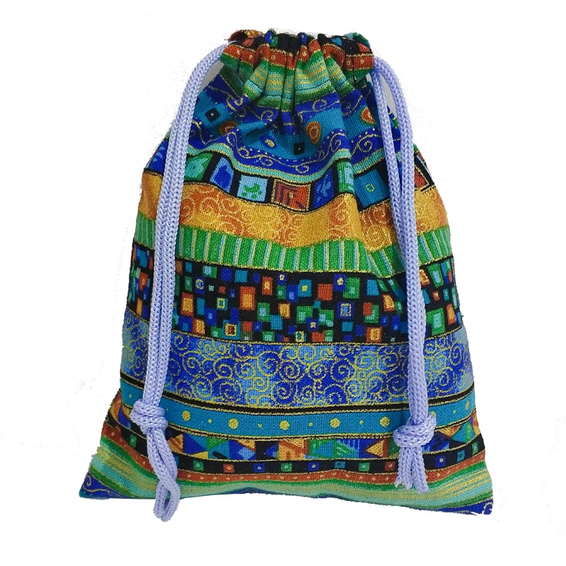 

Ethnic cotton and linen ribbon buckle drawstring bag for sports storage shoes bag, Black,navy blue,green