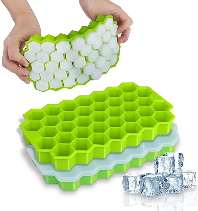 

Amazon Hot Sales Food Grade Eco-friendly Honeycomb Shape 37 Holes Silicone Ice Cube Tray Mold With Lids, Customized color