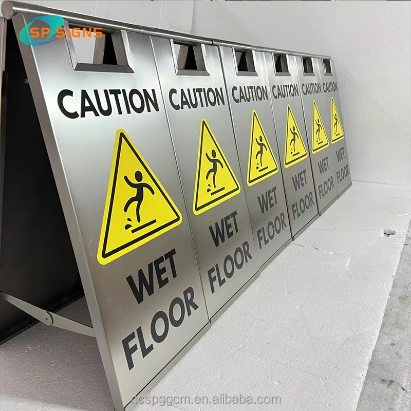 SPSIGN Custom Building Wet Floor Caution Sign Free Standing Double Sided Stainless Steel Frame Metal Pavement Sign A- Frameboard