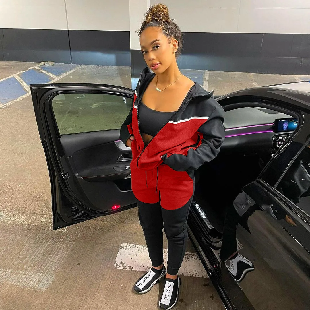 

2022 New Arrivals Zip Up Hoodie Set Winter Outfits Sets For Winter Fall 2021 Women Clothes Apparel Stacked Sweatpants Woman, Black, red, blue, black and red