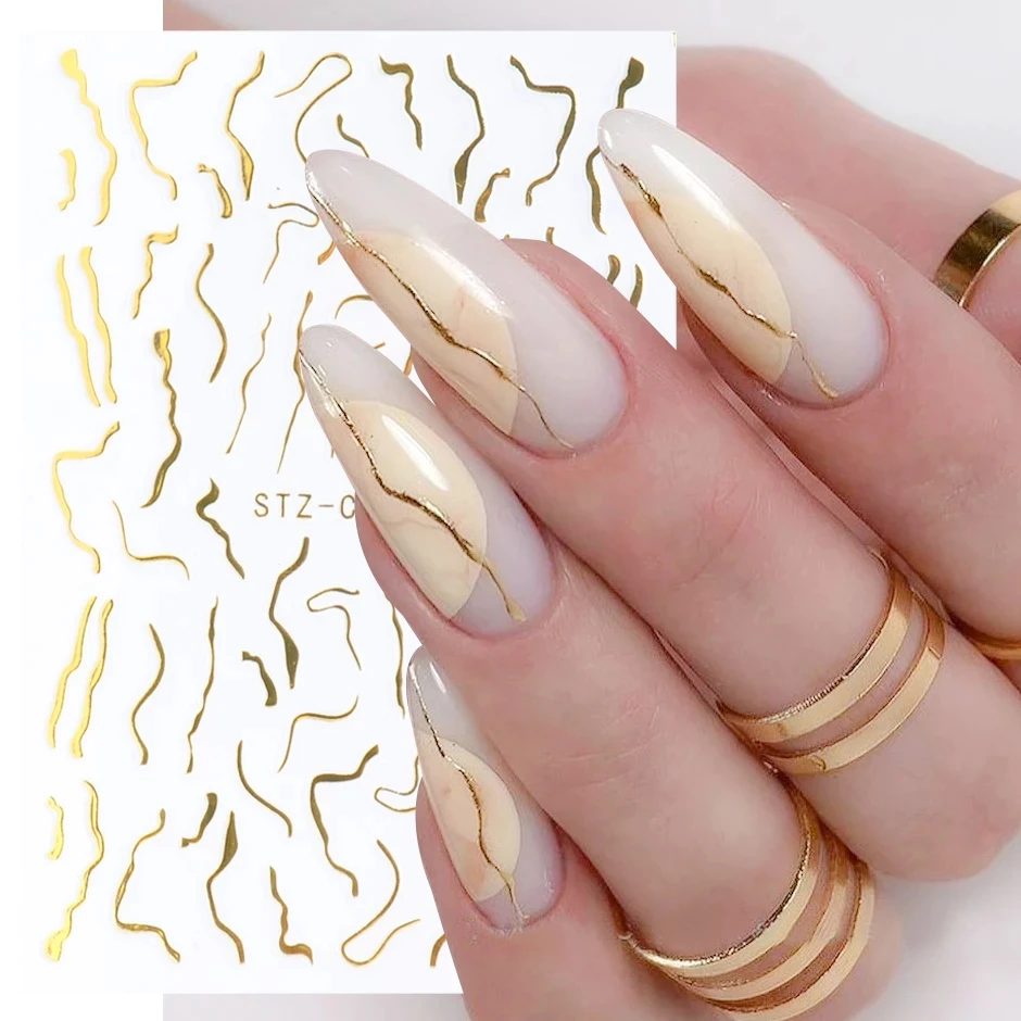 

3D Metallic Gold Marble Line Curve Nail Stickers Gold Line Striping Winter Manicure Charm Nail Design Decor Art Decals Foils, Colorful