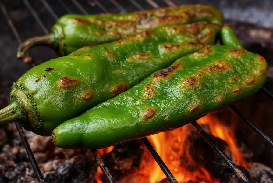 Poblano peppers being roasted over open flame showing characteristic blistering