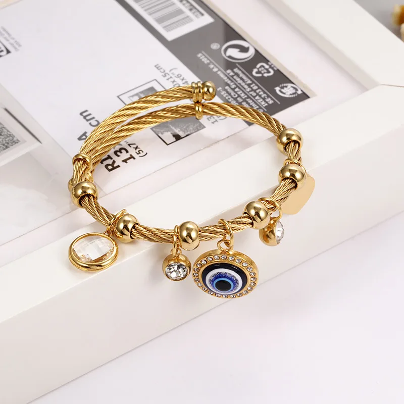 

New Fashion Jewelry Real Gold Plating Oil Drip Turkish Blue Eye Cable Bracelets Titanium Steel CZ Evil Eyes Bracelets