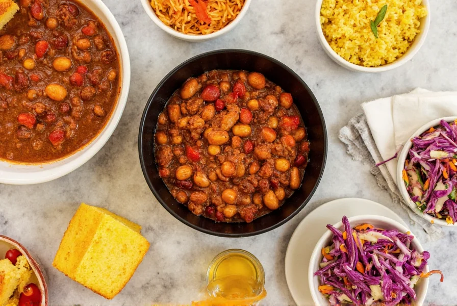 Assortment of side dishes including cornbread, rice, and coleslaw arranged around a bowl of chili
