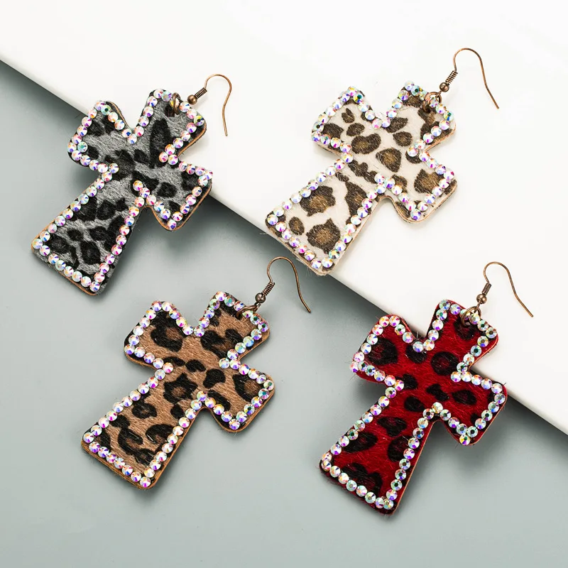 

2022 New exaggerated earrings fashion leather leopard print Jesus cross drop earrings women, Picture shown
