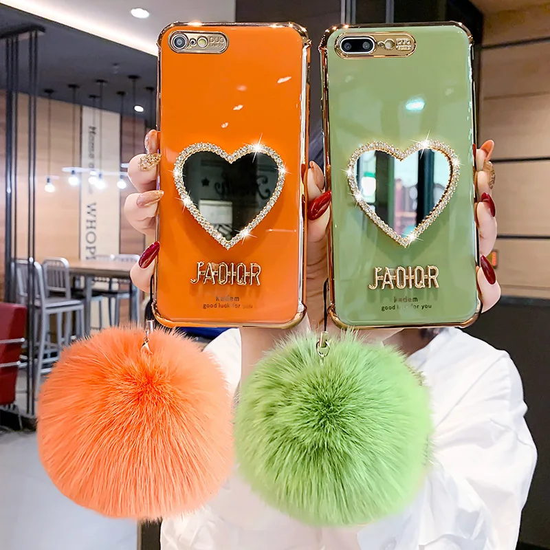 

Luxury Girl Makeup Mirror Phone Cover with Hairball Silicone Mobile Phone Case For iPhone 12 11 Pro Max XR XS 8 7 Plus