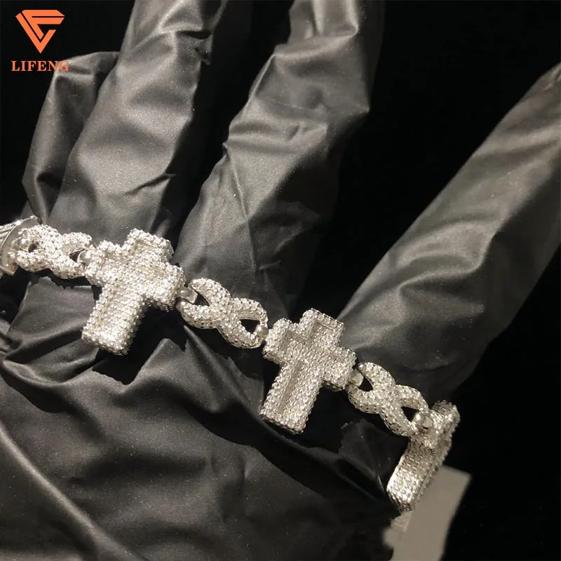 

New Design Iced Out Cross VVS Moissanite Chain Hip Hop Jewelry 925 Silver 16mm Diamond Cuban Link Bracelet