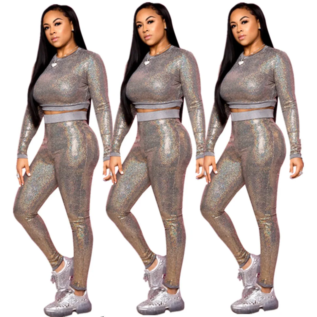 

custom logo y2k high waist solid trendy long sleeve women crop tops and elastic pants two pieces sets