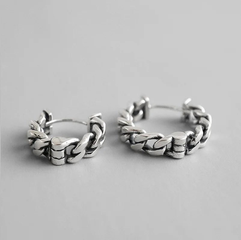 

Korean Retro S925 Sterling Silver Old Chain Earrings Costume Small Hoop Earrings For Girls