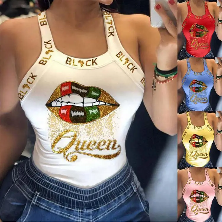 

OSINA Fashionable 2021 Summer Sleeveless Skinny Positioning Printing Ladies Tops Plus Size Woman T Shirts Sets Clothing