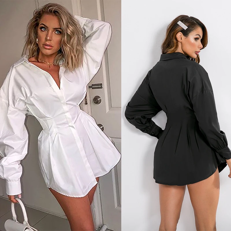 

RTS Factory Direct Sales  Solid color deep V pleated sexy shirt Slim dress for women,Long Sleeve Dress