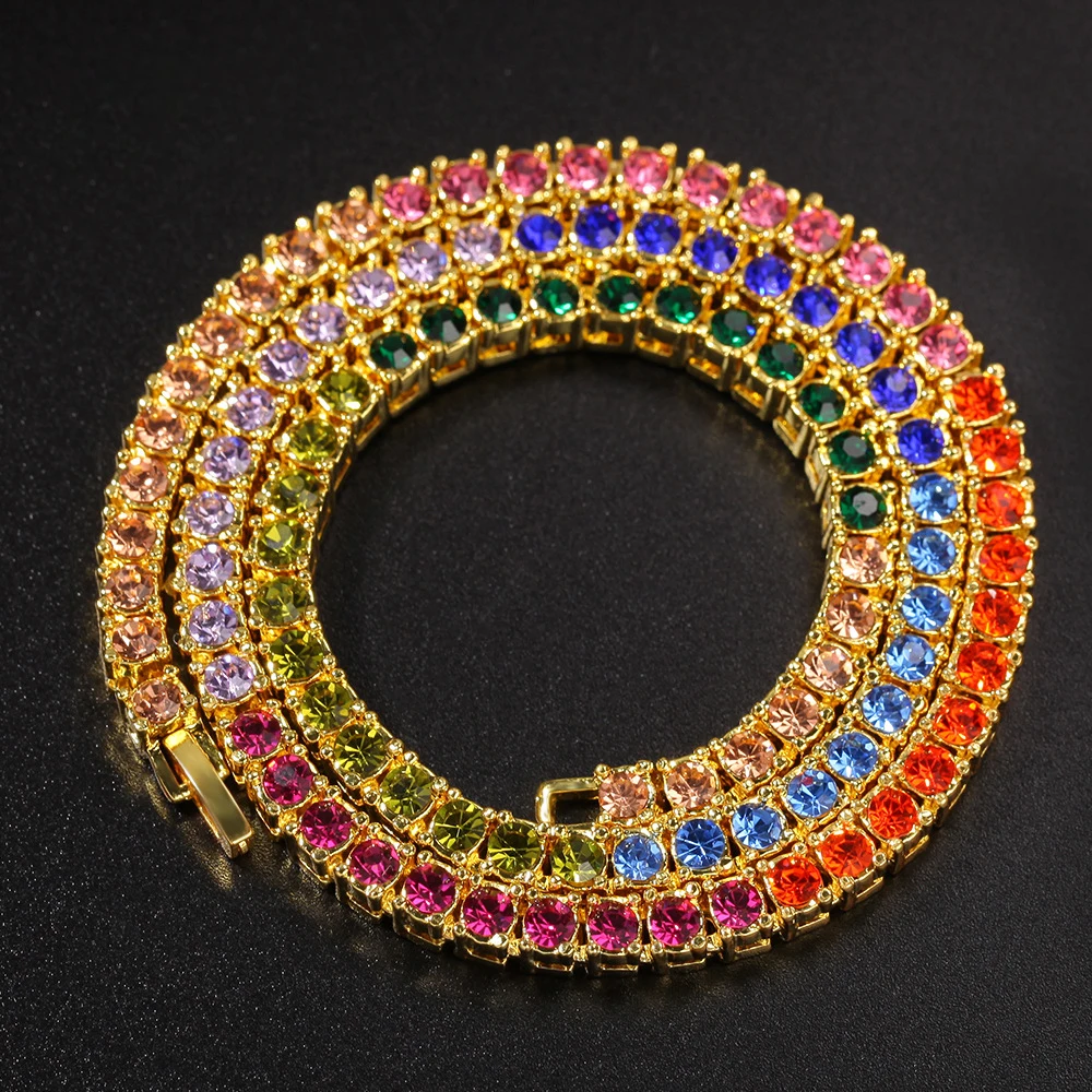 

Sailing Jewelry Hip Hop Colored Diamonds CZ Tennis Necklace Colorful Full Rhinestones Tennis Chain Necklace