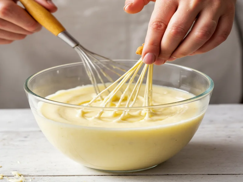Hand whisking homemade mayonnaise in glass bowl