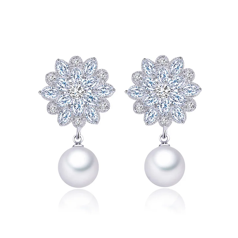 

High Quality Fashion Pearl Earring Micro Pave Snowflake Zircon Earring, As picture