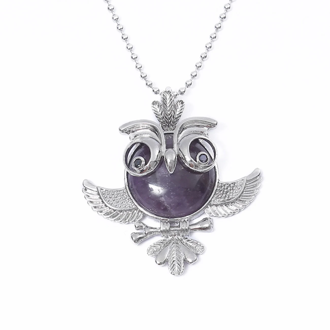 Women Natural Gemstone Owl Pendant Necklace Natural Crystal Stone Silver Animal Charms Jewelry