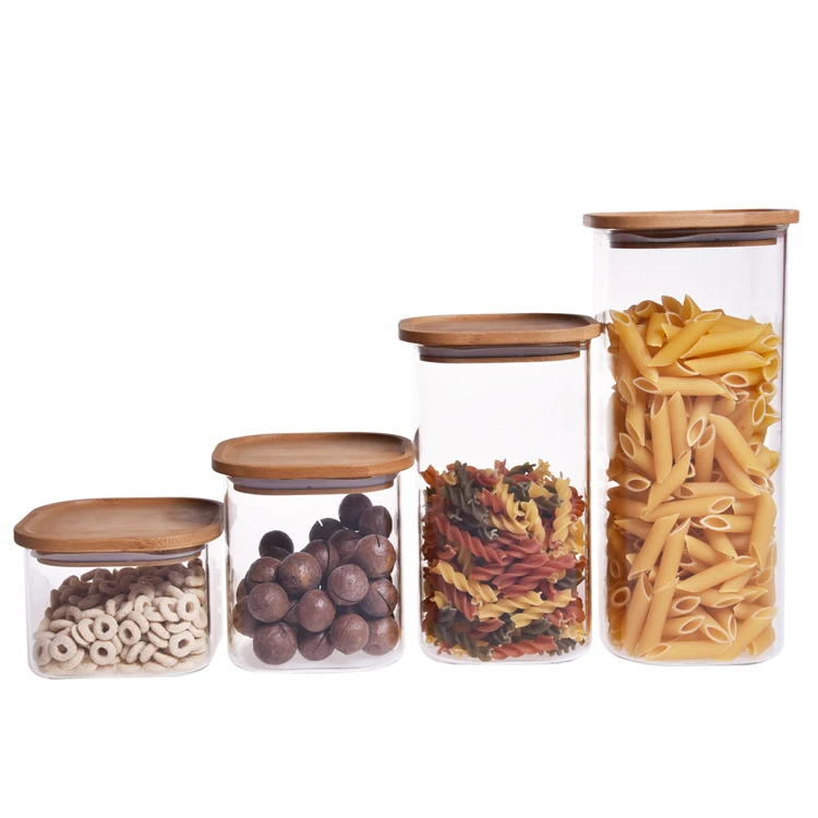 

BPA free high borosilicate airtight stackable square bamboo lid glass jar with silicon ring