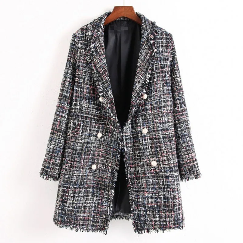 

10%OFF S-2XL Autumn and winter mid-length tweed pearl buckle fringed ladies plaid plus size women's coat