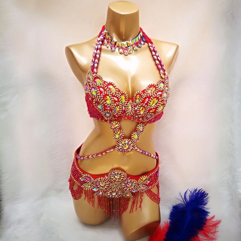 

Women's Beaded Crystal Belly Dance Costume Wear Bar+Belt+Necklace 3pc Set Sexy Bellydancing Costumes Bellydance sparkly bikini